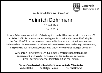 Traueranzeige von Heinrich Dohrmann von Hannoversche Allgemeine Zeitung/Neue Presse