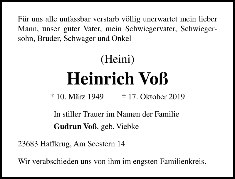  Traueranzeige für Heinrich Voß vom 27.10.2019 aus Lübecker Nachrichten