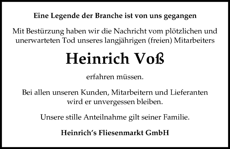  Traueranzeige für Heinrich Voß vom 27.10.2019 aus Lübecker Nachrichten