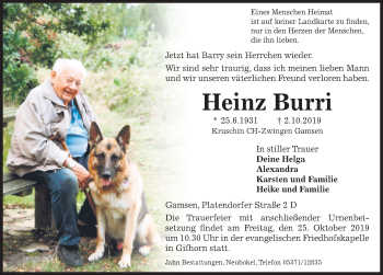 Traueranzeige von Heinz Burri von Aller Zeitung