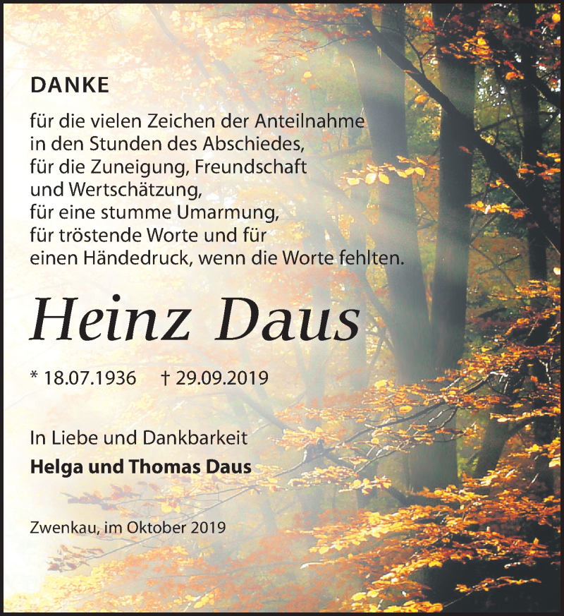 Traueranzeige für Heinz Daus vom 12.10.2019 aus Leipziger Volkszeitung