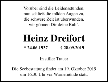 Traueranzeige von Heinz Dreifort von Ostsee-Zeitung GmbH