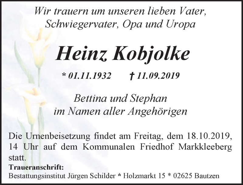  Traueranzeige für Heinz Kobjolke vom 14.10.2019 aus Leipziger Volkszeitung