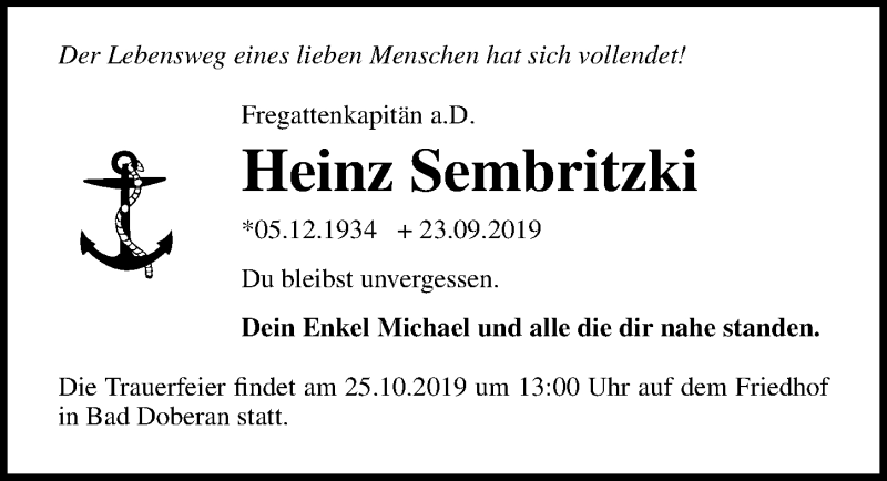  Traueranzeige für Heinz Sembritzki vom 05.10.2019 aus Ostsee-Zeitung GmbH