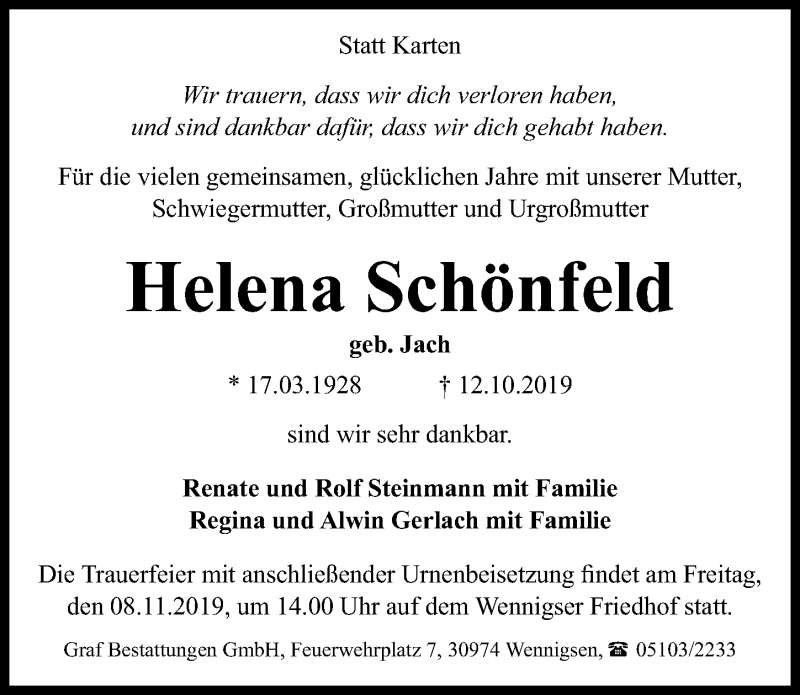  Traueranzeige für Helena Schönfeld vom 26.10.2019 aus Hannoversche Allgemeine Zeitung/Neue Presse