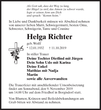 Traueranzeige von Helga Richter von Märkischen Allgemeine Zeitung