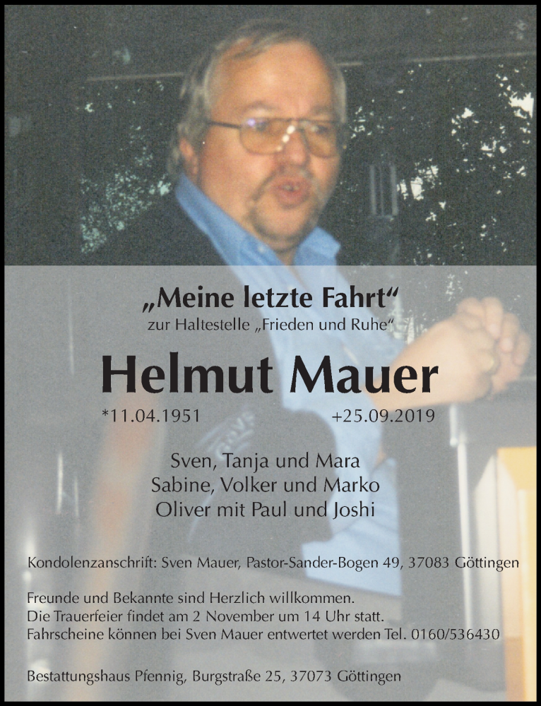  Traueranzeige für Helmut Mauer vom 26.10.2019 aus Göttinger Tageblatt