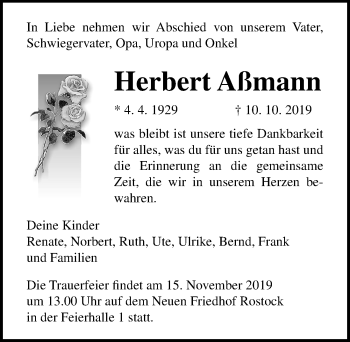 Traueranzeige von Herbert Aßmann von Ostsee-Zeitung GmbH