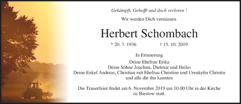  Traueranzeige für Herbert Schombach vom 19.10.2019 aus Ostsee-Zeitung GmbH