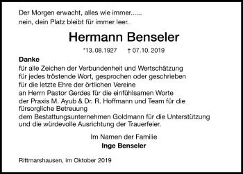 Traueranzeige von Hermann Benseler von Göttinger Tageblatt