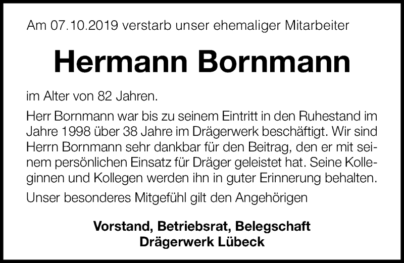  Traueranzeige für Hermann Bornmann vom 13.10.2019 aus Lübecker Nachrichten