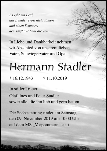 Traueranzeige von Hermann Stadler von Ostsee-Zeitung GmbH