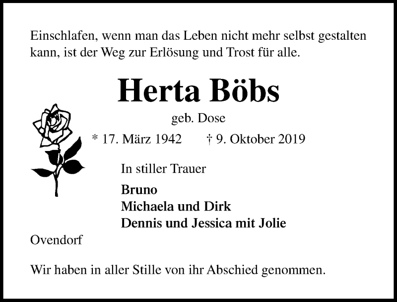  Traueranzeige für Herta Böbs vom 20.10.2019 aus Lübecker Nachrichten