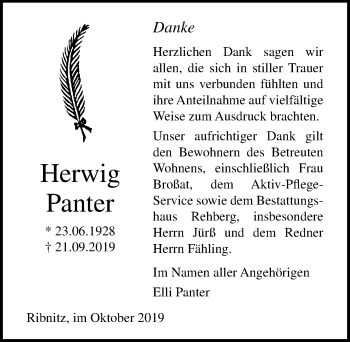 Traueranzeige von Herwig Panter von Ostsee-Zeitung GmbH