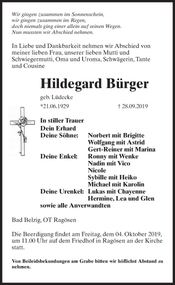 Traueranzeige von Hildegard Bürger von Märkischen Allgemeine Zeitung