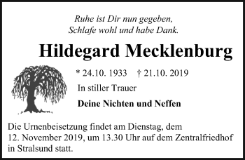 Traueranzeige von Hildegard Mecklenburg von Ostsee-Zeitung GmbH