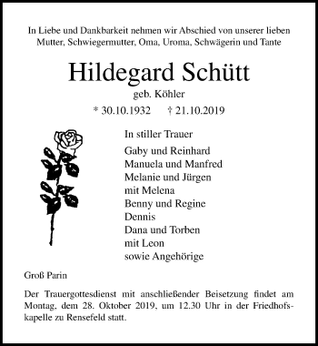 Traueranzeige von Hildegard Schütt von Lübecker Nachrichten