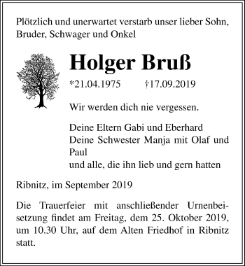 Traueranzeige von Holger Bruß von Ostsee-Zeitung GmbH