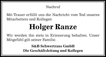 Traueranzeige von Holger Ranze von Aller Zeitung