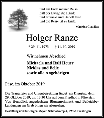 Traueranzeige von Holger Ranze von Aller Zeitung