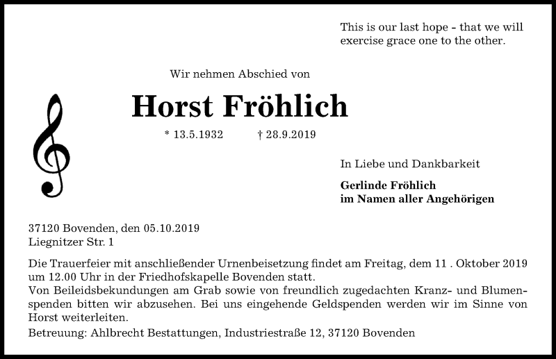  Traueranzeige für Horst Fröhlich vom 05.10.2019 aus Göttinger Tageblatt