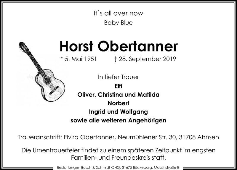  Traueranzeige für Horst Obertanner vom 02.10.2019 aus Schaumburger Nachrichten