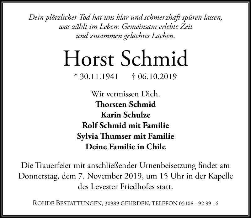  Traueranzeige für Horst Schmid vom 12.10.2019 aus Hannoversche Allgemeine Zeitung/Neue Presse