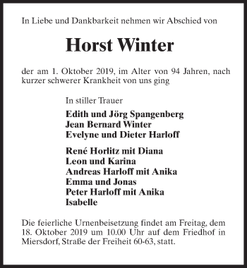 Traueranzeige von Horst Winter von Märkischen Allgemeine Zeitung