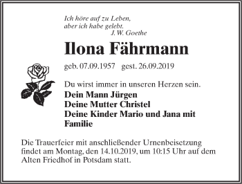 Traueranzeige von Ilona Fährmann von Märkischen Allgemeine Zeitung