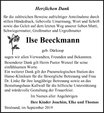 Traueranzeige von Ilse Beeckmann von Ostsee-Zeitung GmbH