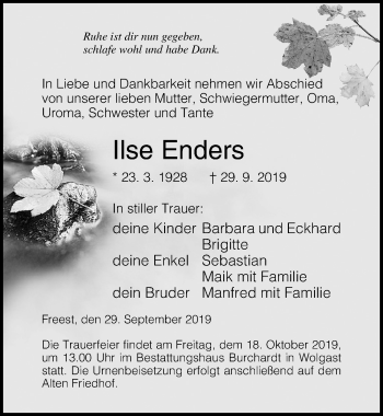 Traueranzeige von Ilse Enders von Ostsee-Zeitung GmbH