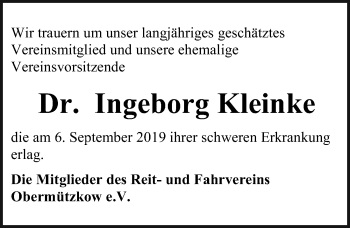 Traueranzeige von Ingeborg Kleinke von Ostsee-Zeitung GmbH