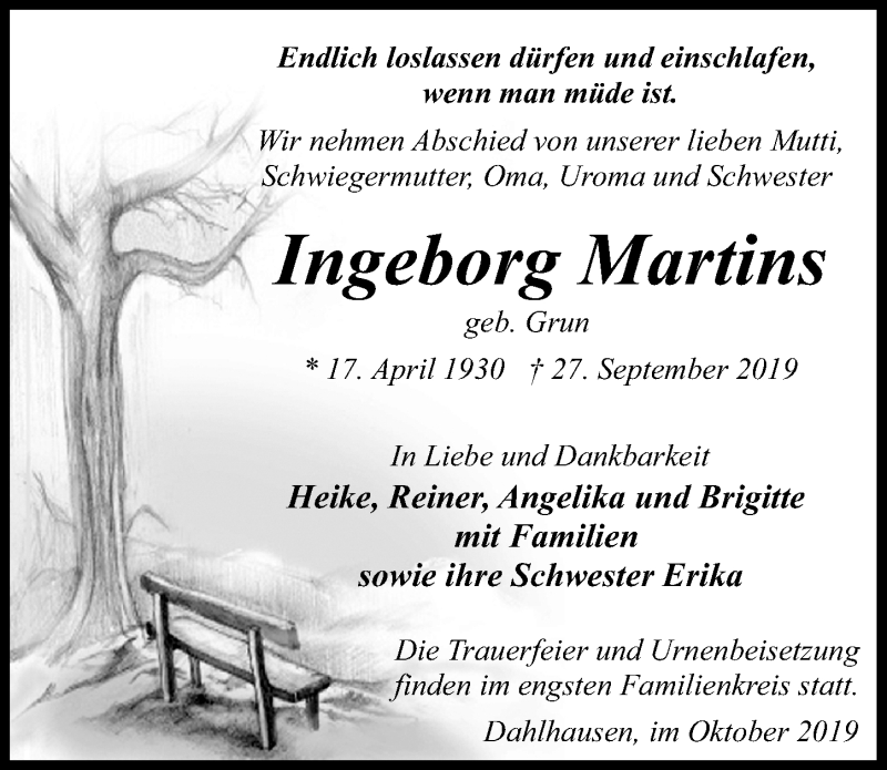  Traueranzeige für Ingeborg Martins vom 05.10.2019 aus Märkischen Allgemeine Zeitung