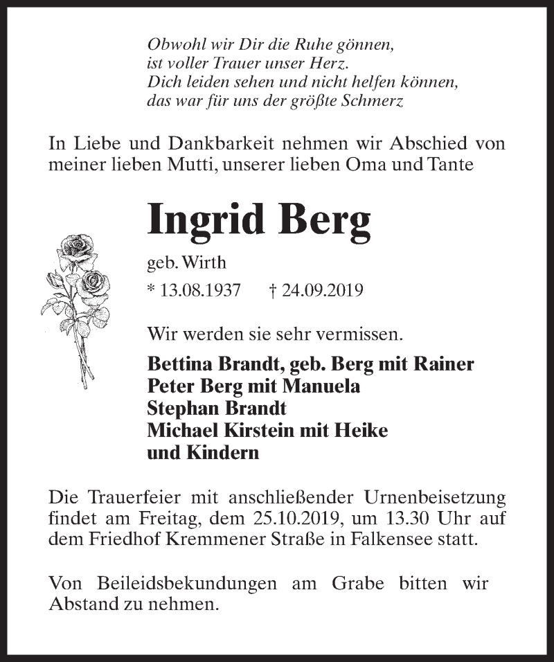  Traueranzeige für Ingrid Berg vom 05.10.2019 aus Märkischen Allgemeine Zeitung