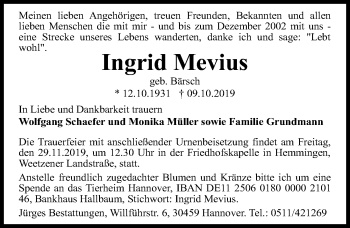 Traueranzeige von Ingrid Mevius von Hannoversche Allgemeine Zeitung/Neue Presse