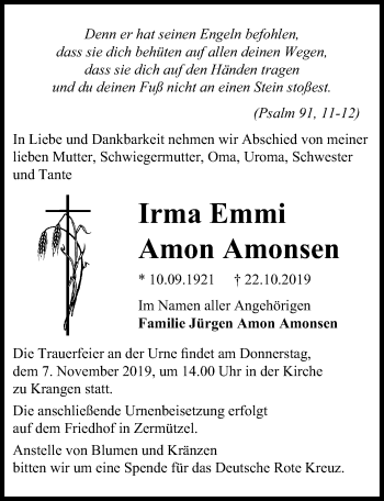 Traueranzeige von Irma Emmi Amon Amonsen von Märkischen Allgemeine Zeitung