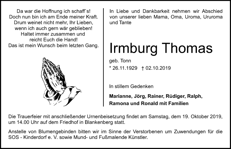  Traueranzeige für Irmburg Thomas vom 12.10.2019 aus Märkischen Allgemeine Zeitung