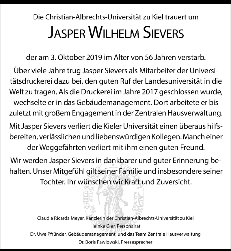  Traueranzeige für Jasper Wilhelm Sievers vom 12.10.2019 aus Kieler Nachrichten