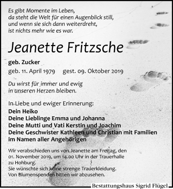 Traueranzeige von Jeanette Fritzsche von Leipziger Volkszeitung