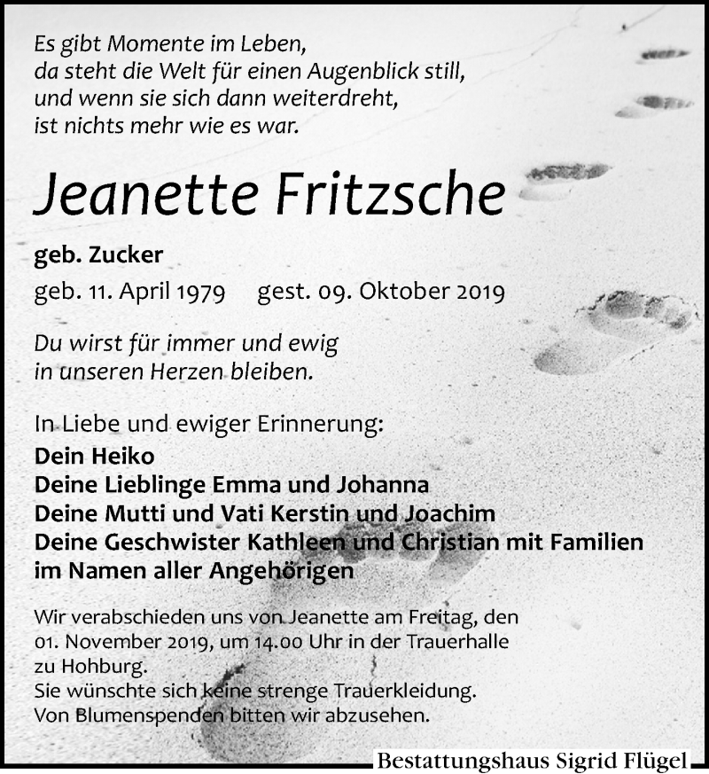  Traueranzeige für Jeanette Fritzsche vom 19.10.2019 aus Leipziger Volkszeitung