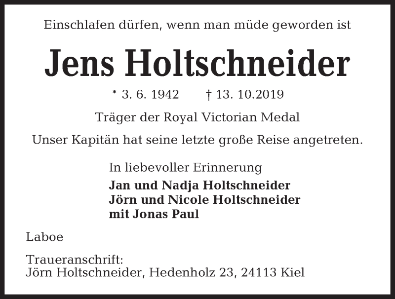  Traueranzeige für Jens Holtschneider vom 26.10.2019 aus Kieler Nachrichten