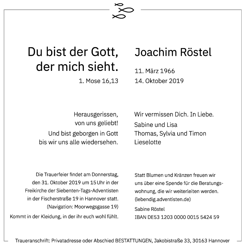  Traueranzeige für Joachim Röstel vom 19.10.2019 aus Hannoversche Allgemeine Zeitung/Neue Presse