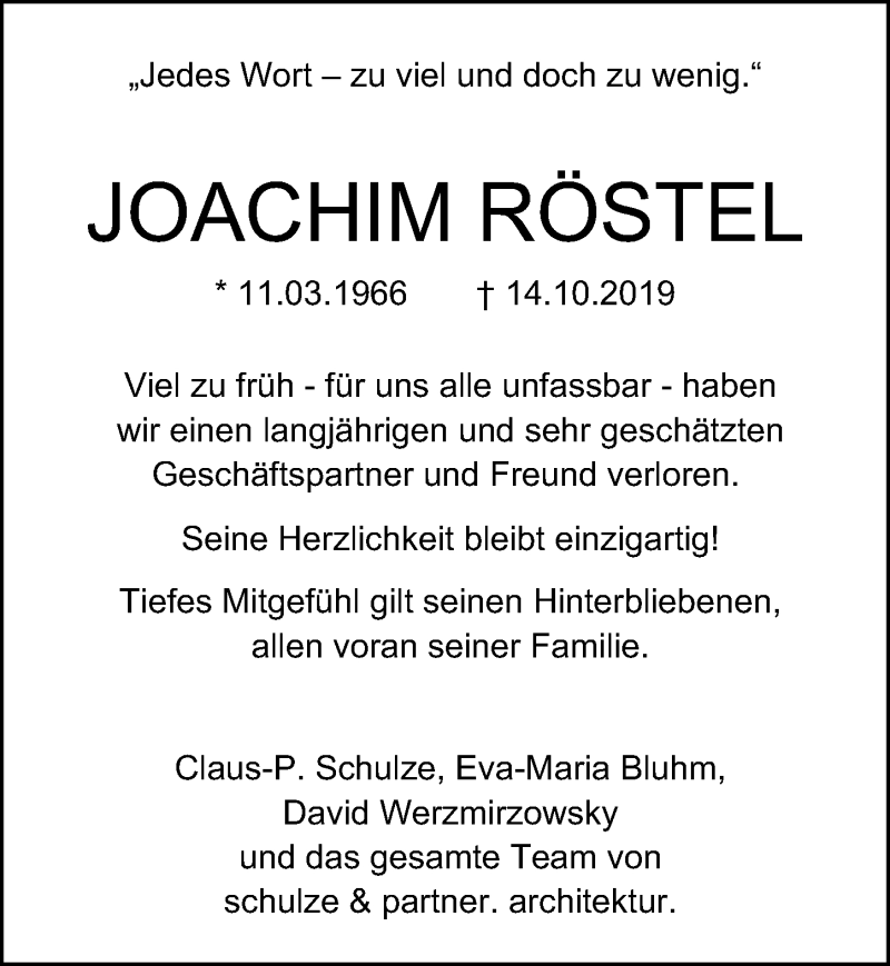  Traueranzeige für Joachim Röstel vom 19.10.2019 aus Hannoversche Allgemeine Zeitung/Neue Presse