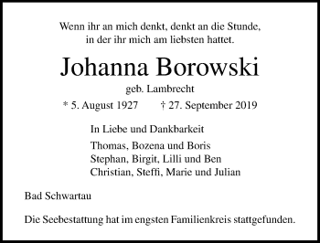 Traueranzeige von Johanna Borowski von Lübecker Nachrichten