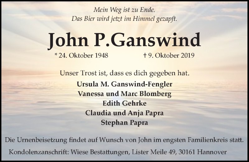  Traueranzeige für John P. Ganswind vom 12.10.2019 aus Hannoversche Allgemeine Zeitung/Neue Presse