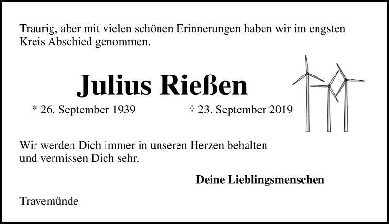  Traueranzeige für Julius Rießen vom 13.10.2019 aus Lübecker Nachrichten