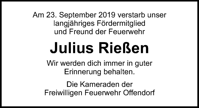  Traueranzeige für Julius Rießen vom 19.10.2019 aus Lübecker Nachrichten