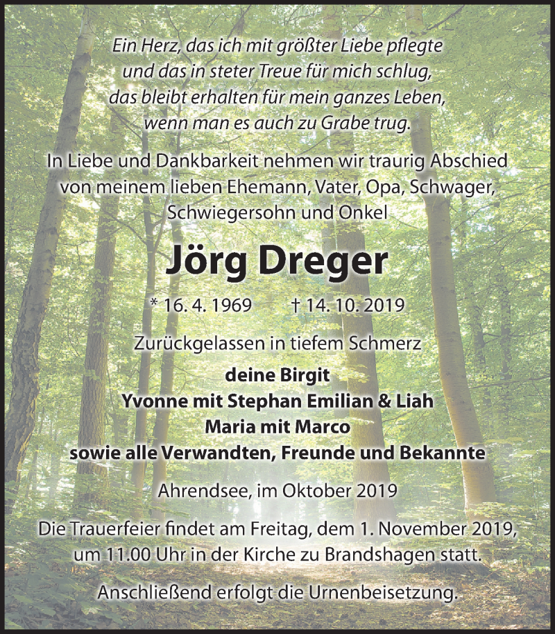  Traueranzeige für Jörg Dreger vom 19.10.2019 aus Ostsee-Zeitung GmbH