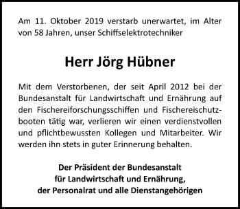 Traueranzeige von Jörg Hübner von Ostsee-Zeitung GmbH