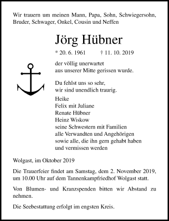 Traueranzeige von Jörg Hübner von Ostsee-Zeitung GmbH